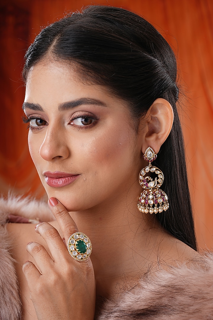 Gold Finish Kundan Polki & Red Stone Jhumka Earrings by EKATHVA JAIPUR at Pernia's Pop Up Shop