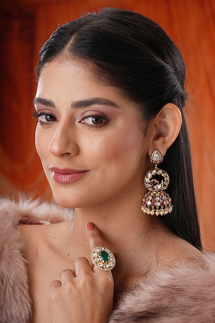 Gold Finish Kundan Polki & Red Stone Jhumka Earrings by EKATHVA JAIPUR at Pernia's Pop Up Shop