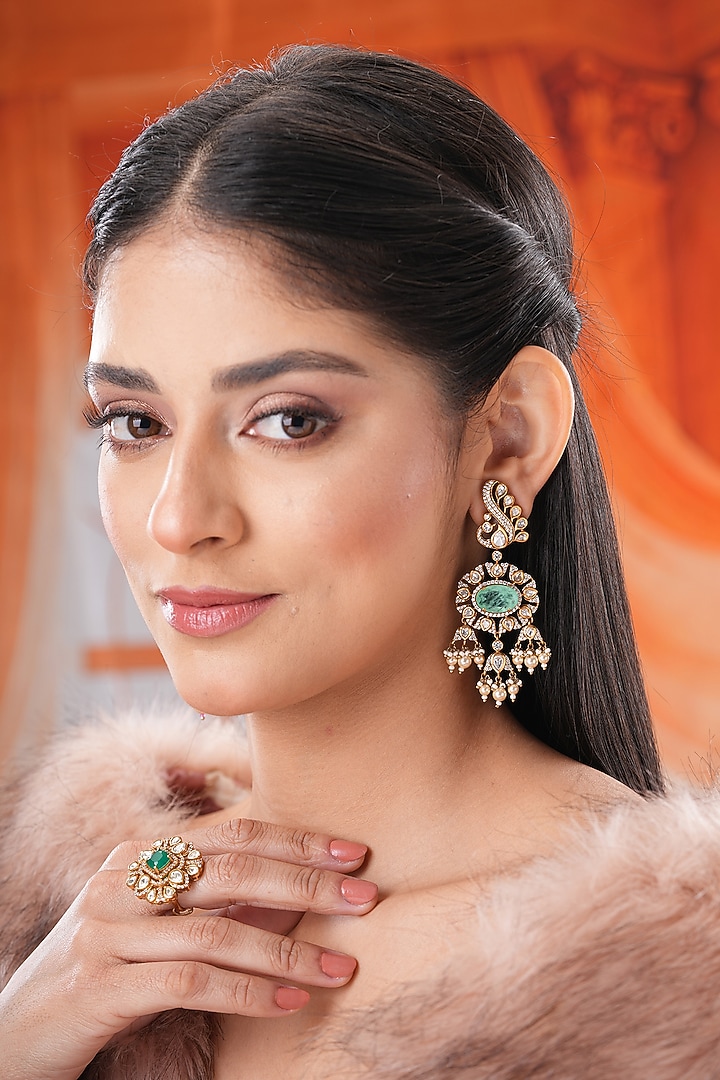 Gold Finish Kundan Polki & Mint Stone Jhumka Earrings by EKATHVA JAIPUR at Pernia's Pop Up Shop