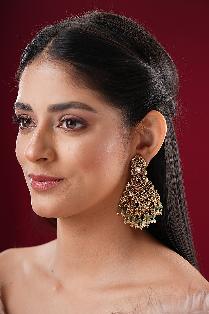 Gold Finish Kundan Polki Dangler Earrings by EKATHVA JAIPUR at Pernia's Pop Up Shop