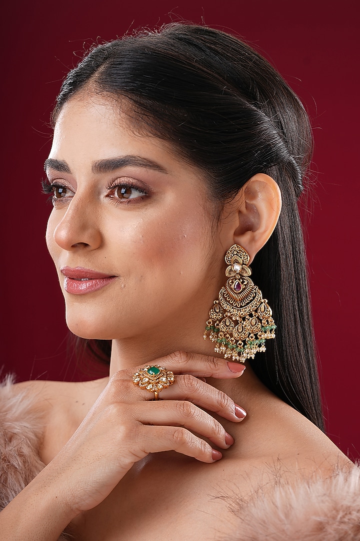 Gold Finish Kundan Polki Dangler Earrings by EKATHVA JAIPUR at Pernia's Pop Up Shop
