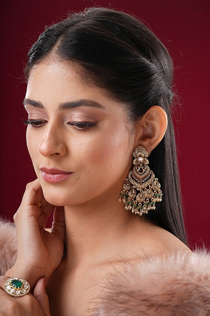 Gold Finish Kundan Polki Dangler Earrings by EKATHVA JAIPUR at Pernia's Pop Up Shop