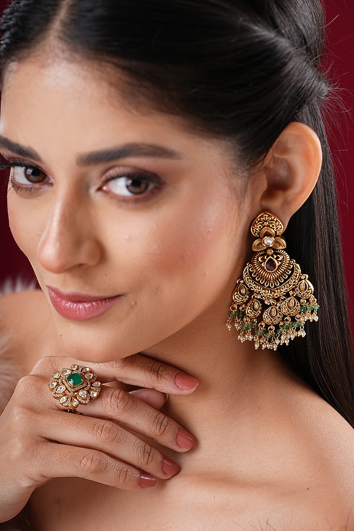 Gold Finish Kundan Polki Dangler Earrings by EKATHVA JAIPUR at Pernia's Pop Up Shop