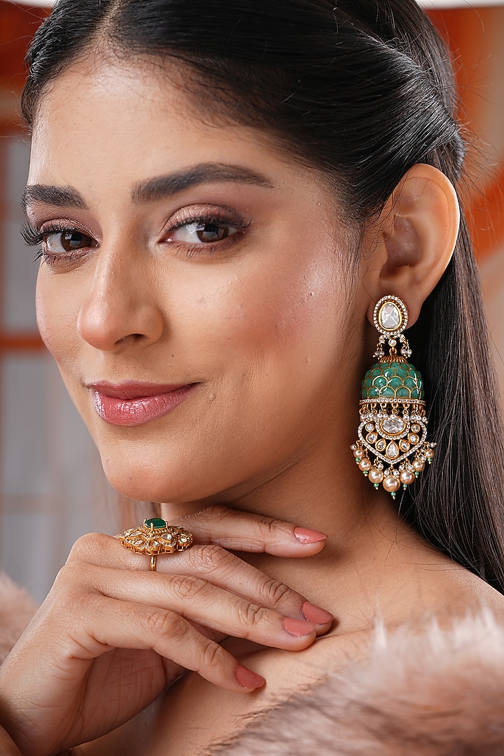 Gold Finish Kundan Polki & Turquoise Stone Jhumka Earrings by EKATHVA JAIPUR at Pernia's Pop Up Shop