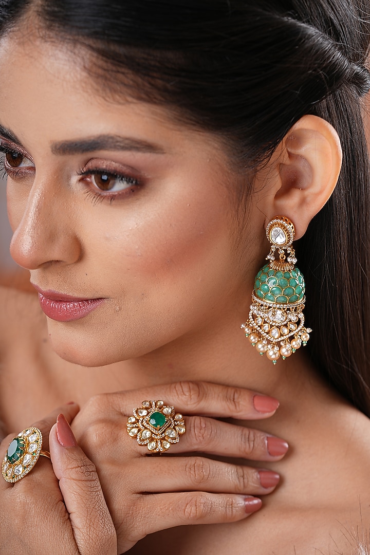 Gold Finish Kundan Polki & Turquoise Stone Jhumka Earrings by EKATHVA JAIPUR at Pernia's Pop Up Shop