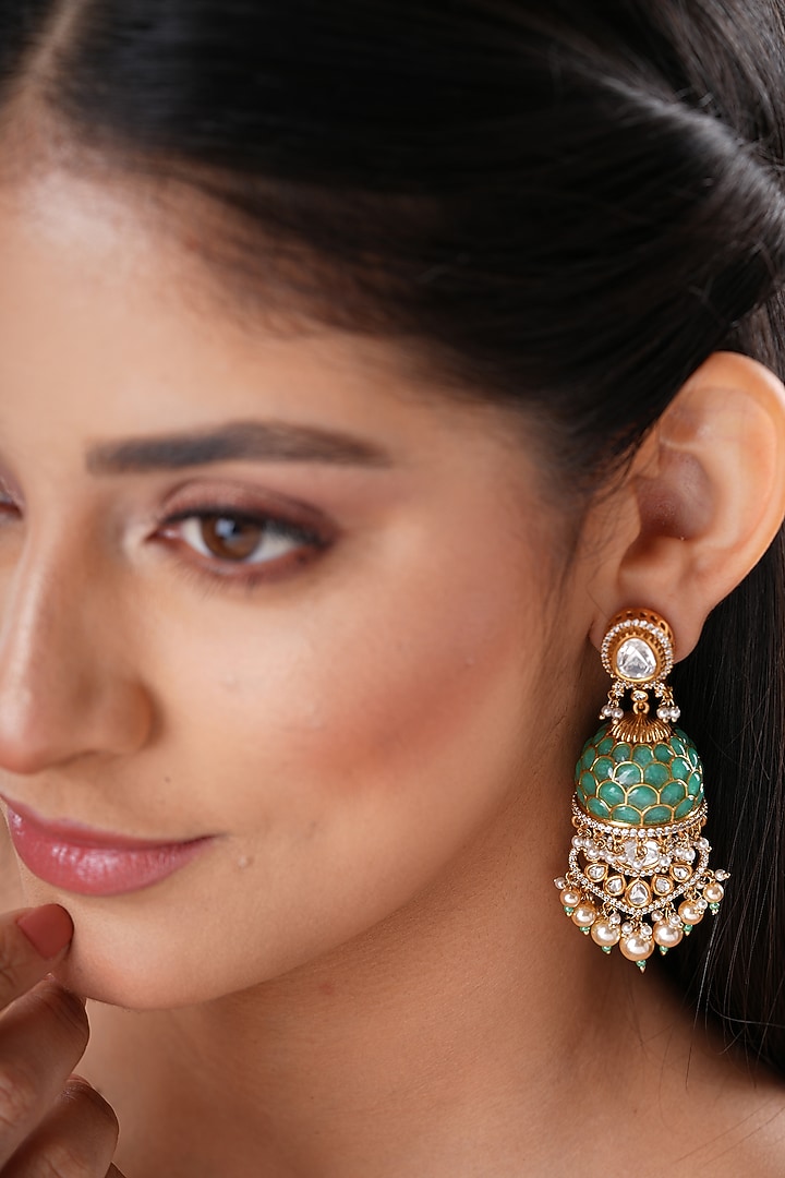 Gold Finish Kundan Polki & Turquoise Stone Jhumka Earrings by EKATHVA JAIPUR at Pernia's Pop Up Shop