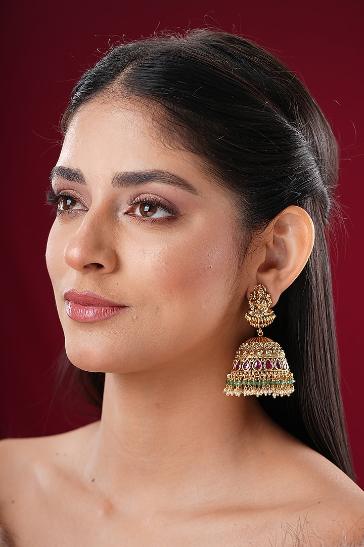 Gold Finish Kundan Polki Jhumka Earrings by EKATHVA JAIPUR at Pernia's Pop Up Shop