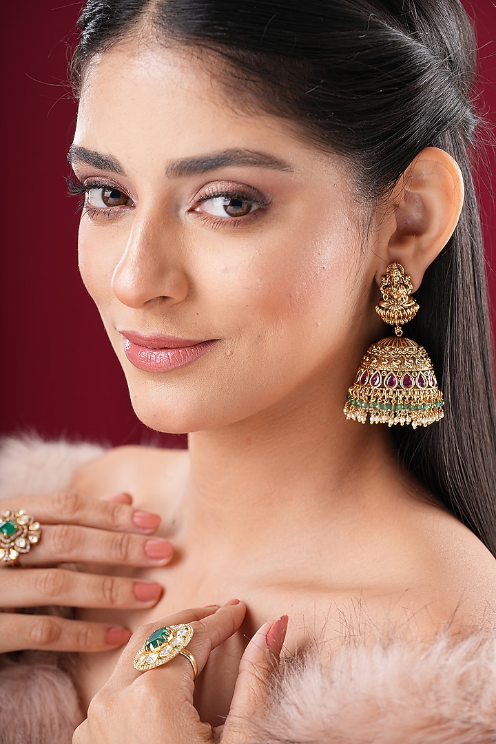 Gold Finish Kundan Polki Jhumka Earrings by EKATHVA JAIPUR at Pernia's Pop Up Shop