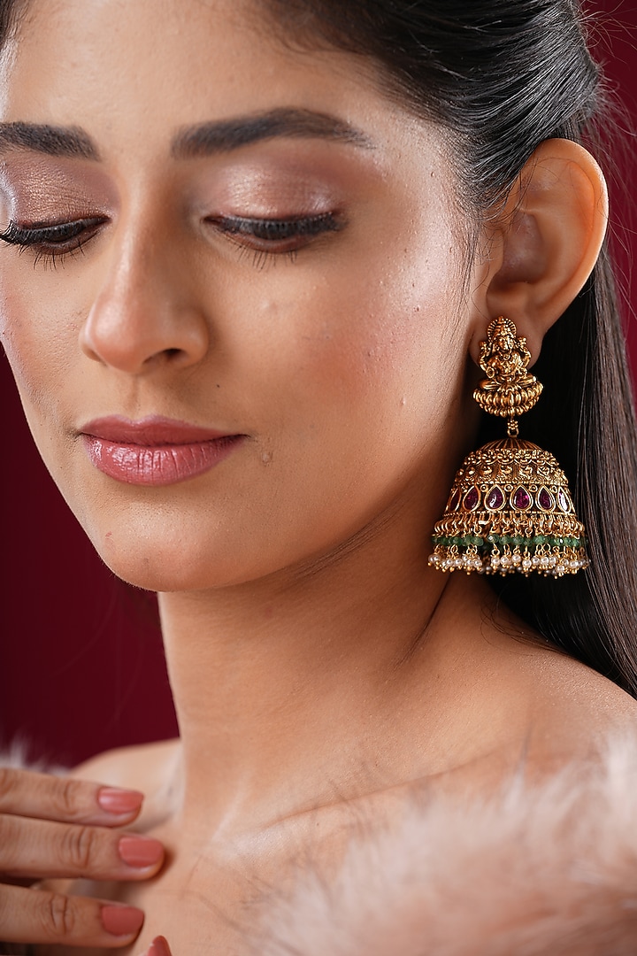 Gold Finish Kundan Polki Jhumka Earrings by EKATHVA JAIPUR at Pernia's Pop Up Shop