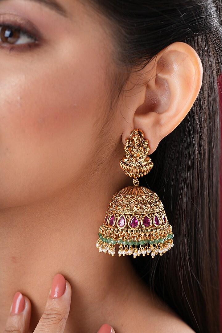 Gold Finish Kundan Polki Jhumka Earrings by EKATHVA JAIPUR at Pernia's Pop Up Shop