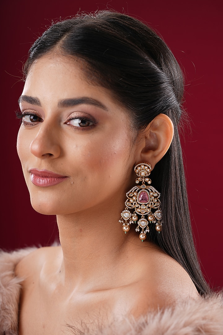 Gold Finish Kundan Polki & Pink Stone Dangler Earrings by EKATHVA JAIPUR at Pernia's Pop Up Shop