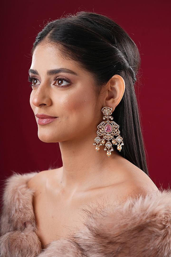 Gold Finish Kundan Polki & Pink Stone Dangler Earrings by EKATHVA JAIPUR at Pernia's Pop Up Shop