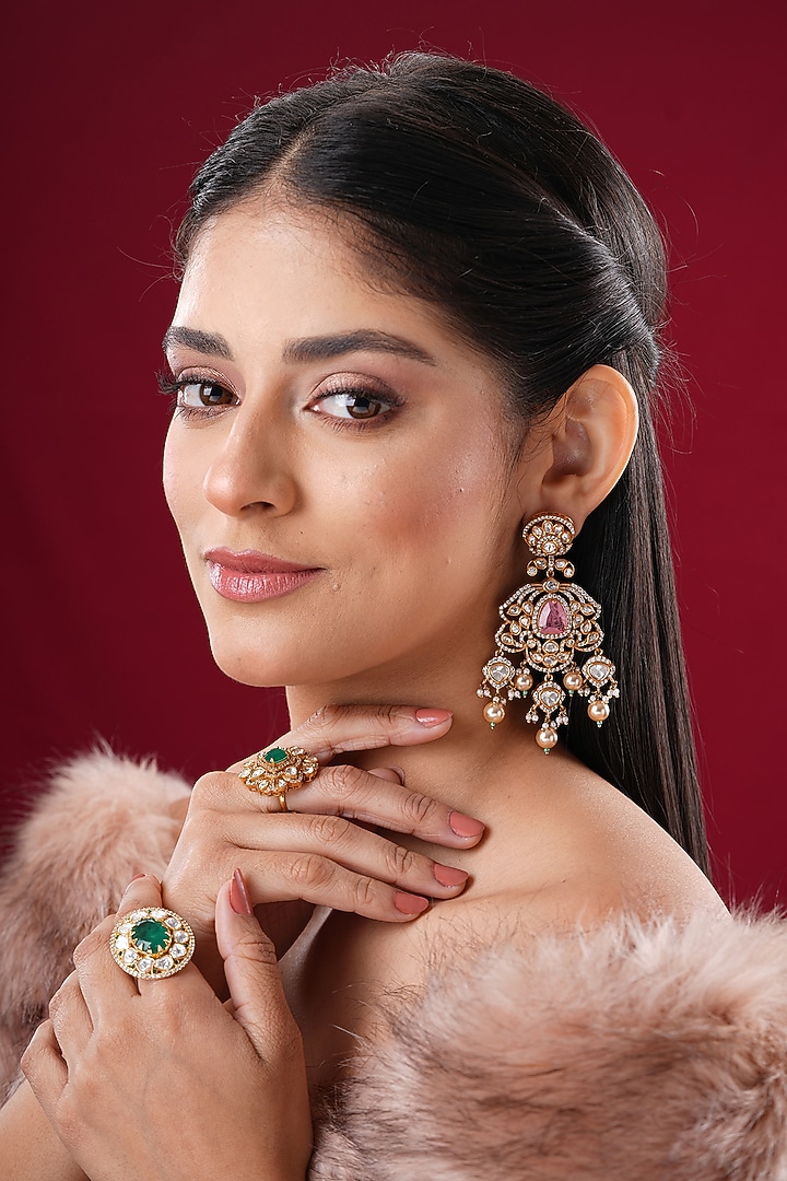 Gold Finish Kundan Polki & Pink Stone Dangler Earrings by EKATHVA JAIPUR at Pernia's Pop Up Shop