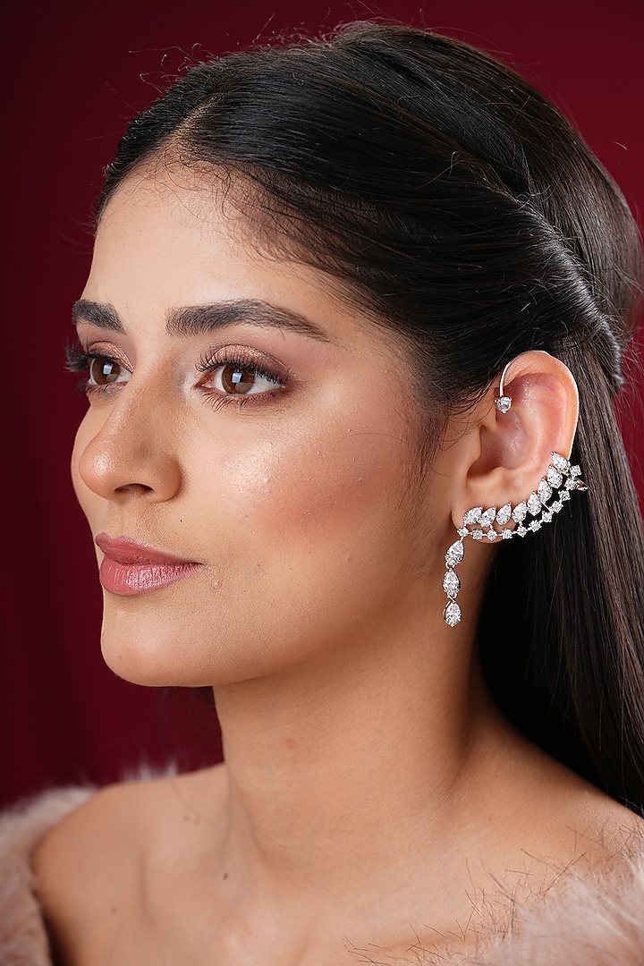 White Finish Swarovski Earcuffs by EKATHVA JAIPUR at Pernia's Pop Up Shop