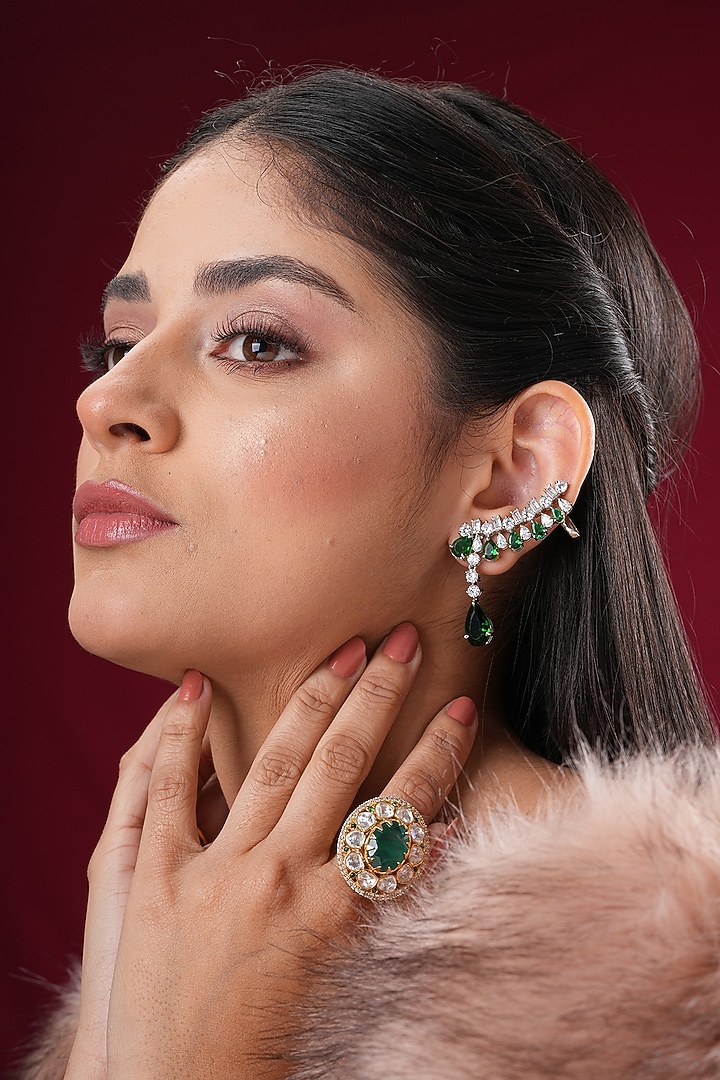White Finish Swarovski & Green Stone Earcuffs by EKATHVA JAIPUR at Pernia's Pop Up Shop