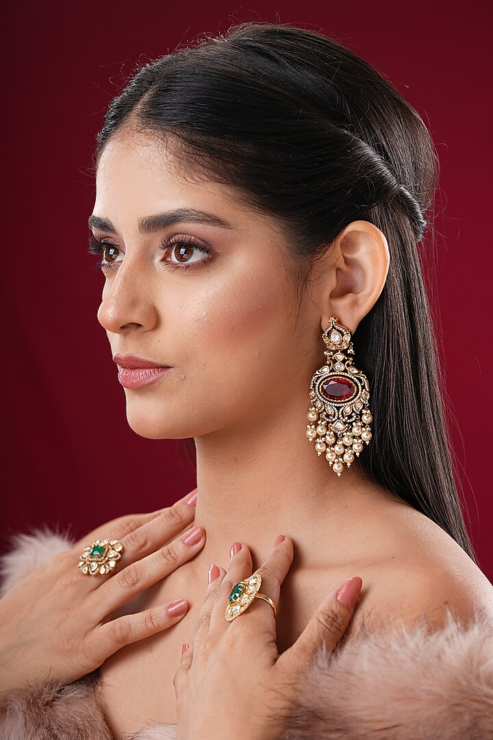 Gold Finish Kundan Polki & Red Stone Dangler Earrings by EKATHVA JAIPUR at Pernia's Pop Up Shop