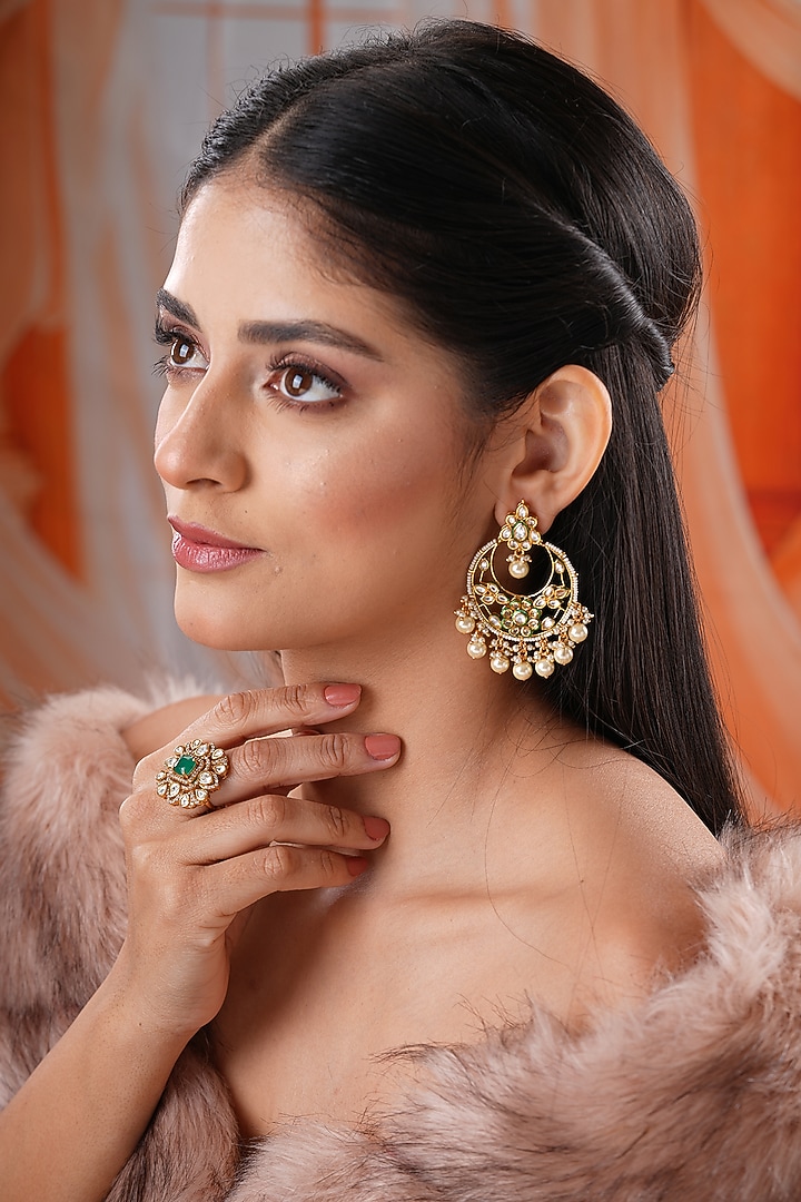 Gold Finish Kundan Pollki & Green Stone Dangler Earrings by EKATHVA JAIPUR at Pernia's Pop Up Shop