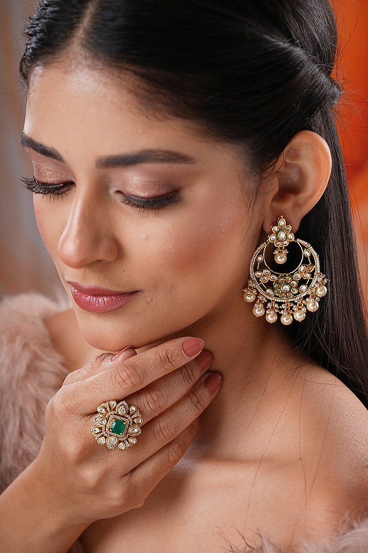 Gold Finish Kundan Pollki & Green Stone Dangler Earrings by EKATHVA JAIPUR at Pernia's Pop Up Shop