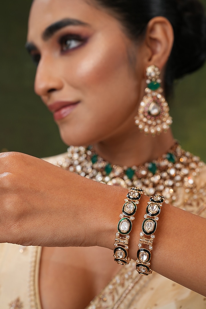 Gold Finish Kundan Polki Meenakari Bangles (Set Of 2) by EKATHVA JAIPUR at Pernia's Pop Up Shop