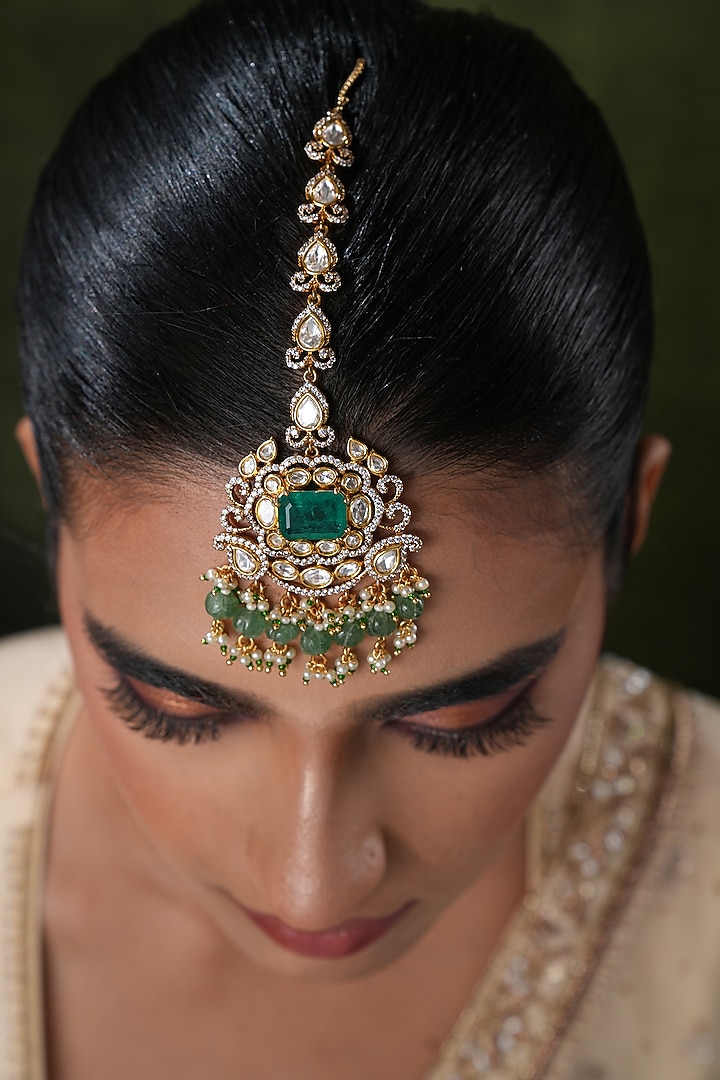 Gold Finish Kundan Polki & Green Stone Maangtikka by EKATHVA JAIPUR at Pernia's Pop Up Shop