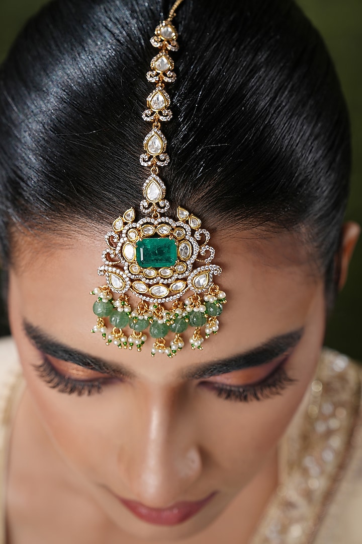 Gold Finish Kundan Polki & Green Stone Maangtikka by EKATHVA JAIPUR at Pernia's Pop Up Shop