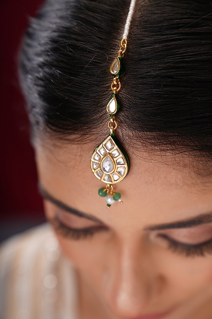 Gold Finish Kundan Polki & Green Stone Maangtikka by EKATHVA JAIPUR at Pernia's Pop Up Shop