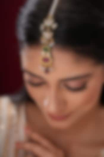 Gold Finish Kundan Polki & Green Stone Maangtikka by EKATHVA JAIPUR at Pernia's Pop Up Shop