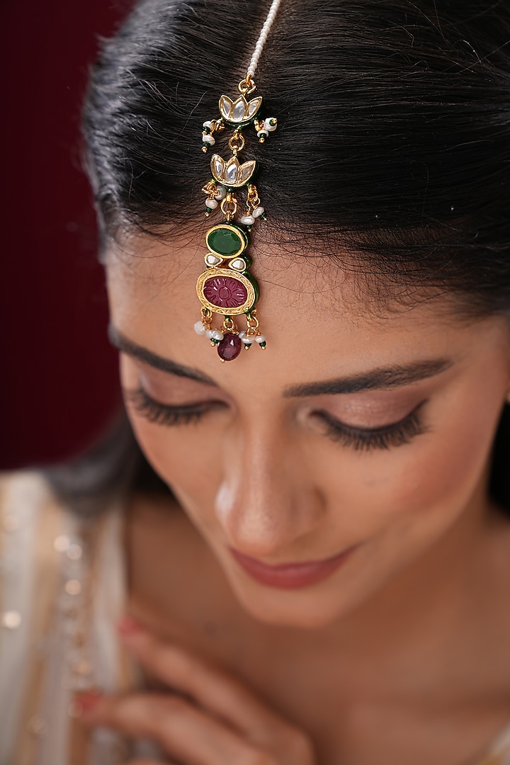 Gold Finish Kundan Polki & Green Stone Maangtikka by EKATHVA JAIPUR at Pernia's Pop Up Shop
