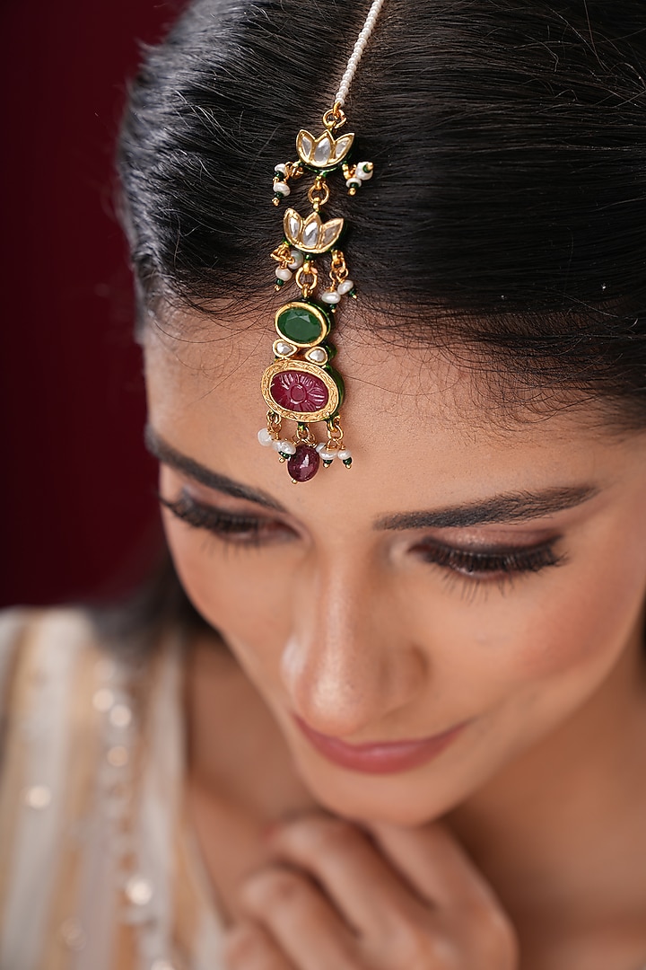 Gold Finish Kundan Polki & Green Stone Maangtikka by EKATHVA JAIPUR at Pernia's Pop Up Shop