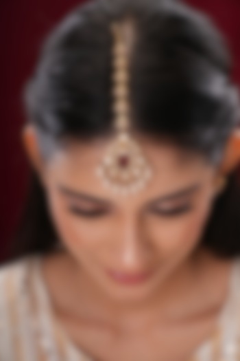 Gold Finish Kundan Polki & Red Stone Maangtikka by EKATHVA JAIPUR at Pernia's Pop Up Shop