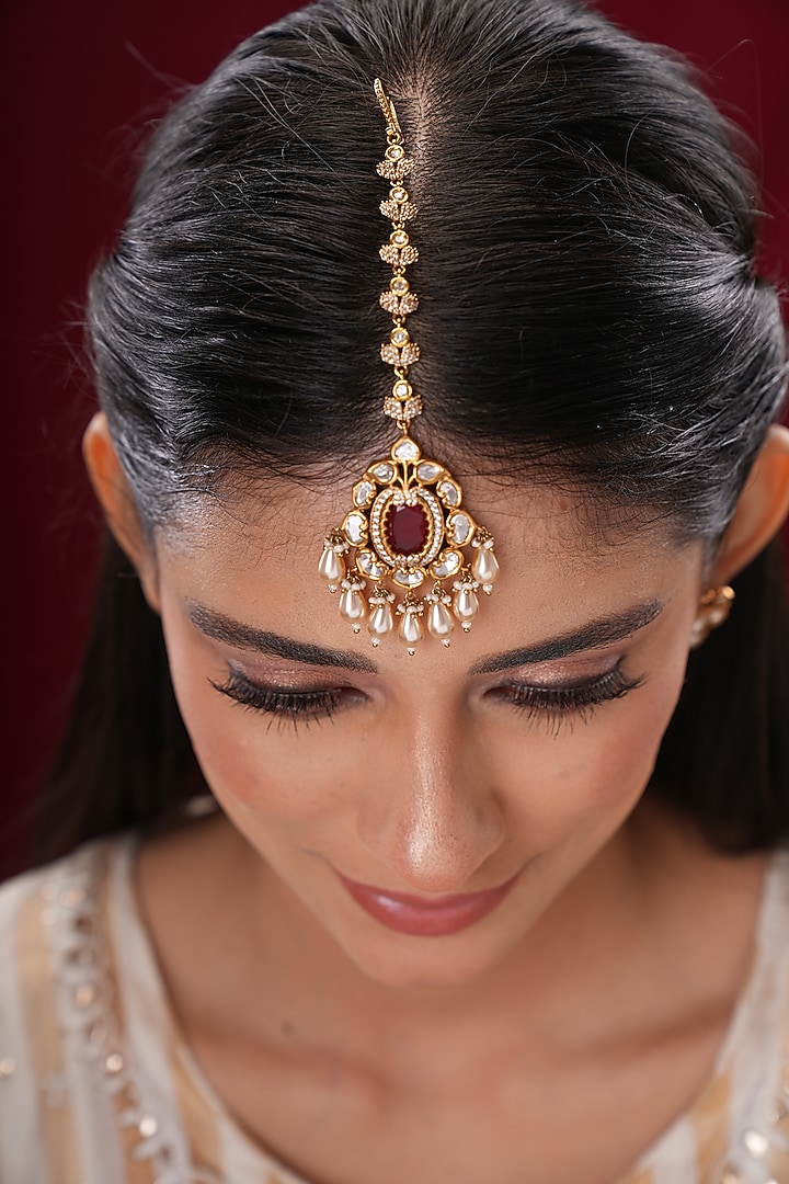 Gold Finish Kundan Polki & Red Stone Maangtikka by EKATHVA JAIPUR at Pernia's Pop Up Shop