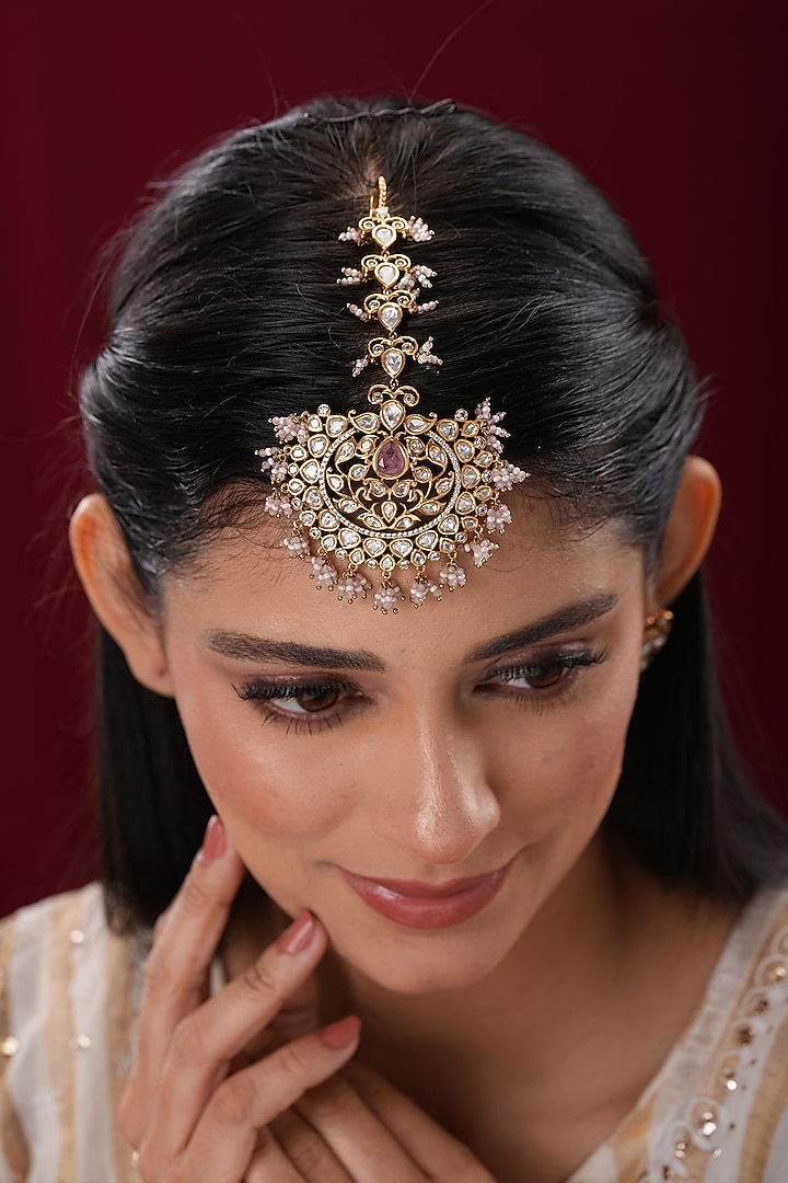 Gold Finish Kundan Polki & Pink Stone Maangtikka by EKATHVA JAIPUR at Pernia's Pop Up Shop