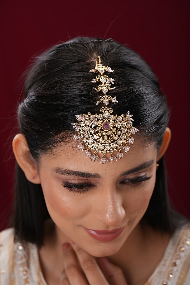 Gold Finish Kundan Polki & Pink Stone Maangtikka by EKATHVA JAIPUR at Pernia's Pop Up Shop