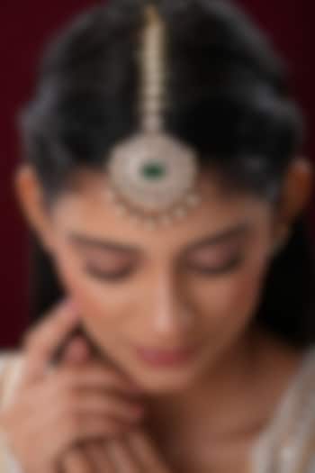 Gold Finish Kundan Polki & Green Stone Maangtikka by EKATHVA JAIPUR at Pernia's Pop Up Shop