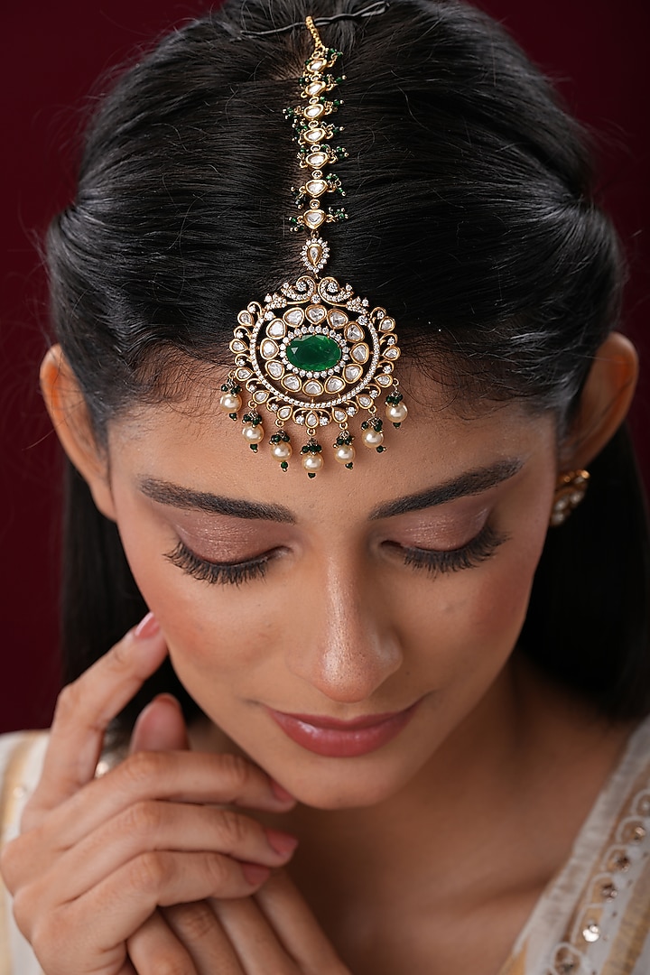Gold Finish Kundan Polki & Green Stone Maangtikka by EKATHVA JAIPUR at Pernia's Pop Up Shop
