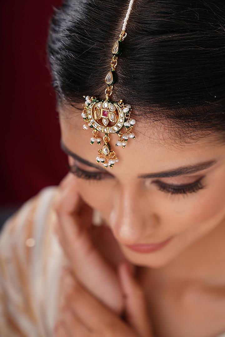 Gold Finish Kundan Polki & Green Stone Maangtikka by EKATHVA JAIPUR at Pernia's Pop Up Shop