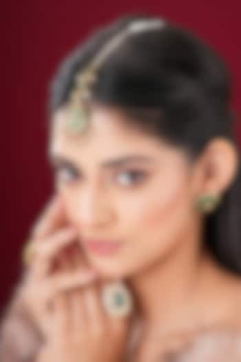 Gold Finish Kundan Polki & Green Stone Maangtikka by EKATHVA JAIPUR at Pernia's Pop Up Shop
