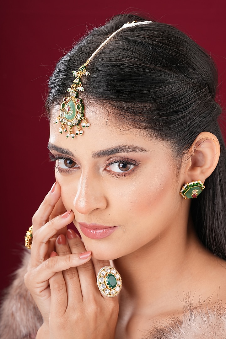 Gold Finish Kundan Polki & Green Stone Maangtikka by EKATHVA JAIPUR at Pernia's Pop Up Shop