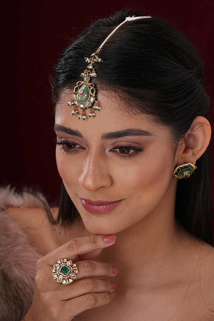 Gold Finish Kundan Polki & Green Stone Maangtikka by EKATHVA JAIPUR at Pernia's Pop Up Shop