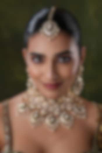 Gold Finish Kundan Polki & Green Stone Maangtikka by EKATHVA JAIPUR at Pernia's Pop Up Shop