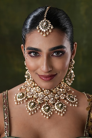 Gold Finish Kundan Polki & Green Stone Maangtikka by EKATHVA JAIPUR