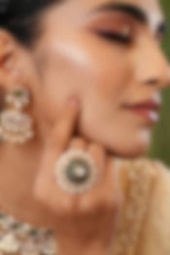 Gold Finish Kundan Polki & Green Stone Handcrafted Ring by EKATHVA JAIPUR at Pernia's Pop Up Shop
