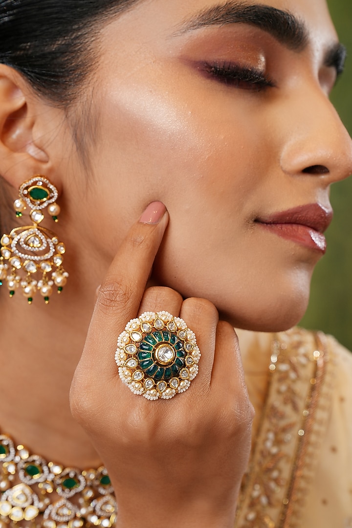 Gold Finish Kundan Polki & Green Stone Handcrafted Ring by EKATHVA JAIPUR at Pernia's Pop Up Shop