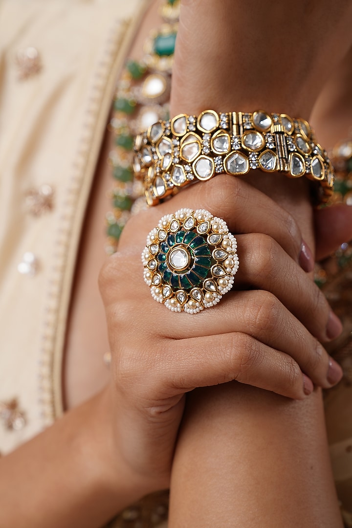 Gold Finish Kundan Polki & Green Stone Handcrafted Ring by EKATHVA JAIPUR at Pernia's Pop Up Shop