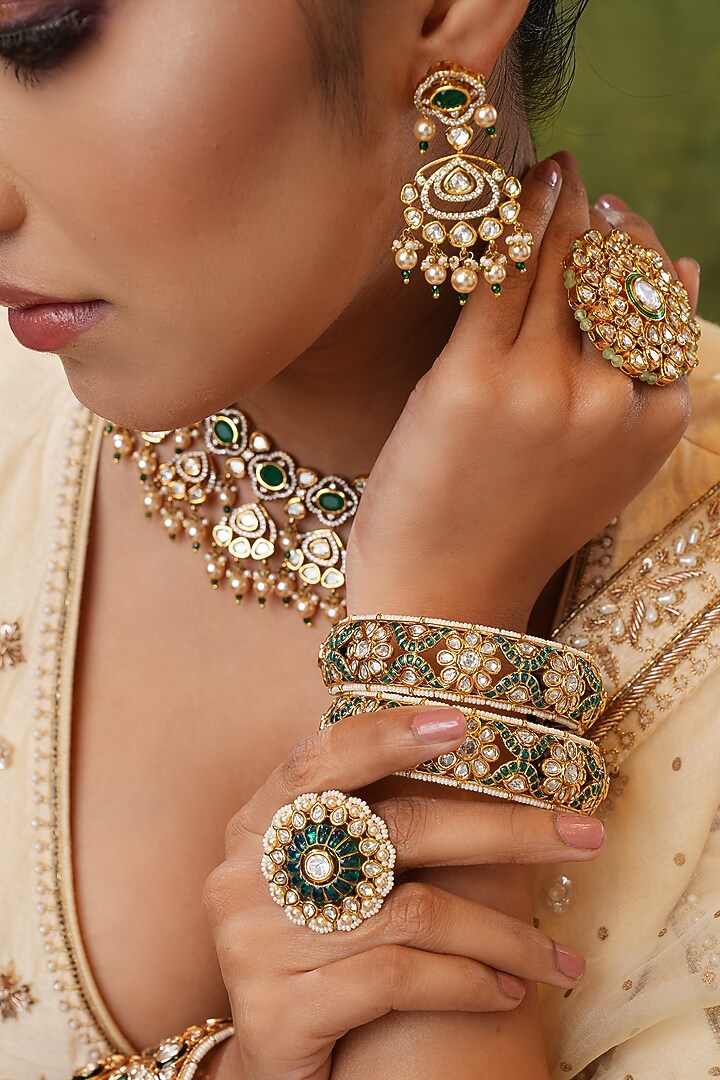 Gold Finish Kundan Polki & Green Stone Handcrafted Ring by EKATHVA JAIPUR at Pernia's Pop Up Shop