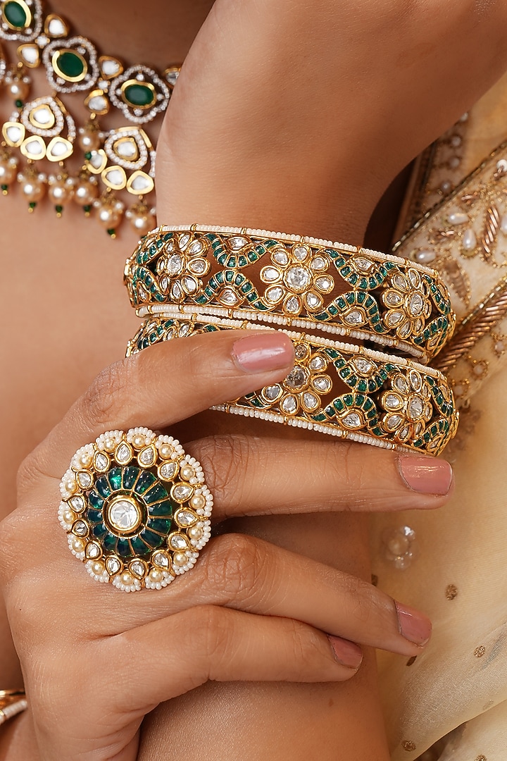 Gold Finish Kundan Polki & Green Stone Handcrafted Ring by EKATHVA JAIPUR at Pernia's Pop Up Shop