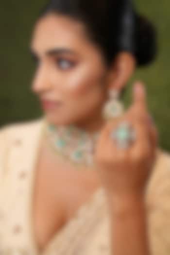 Gold Finish Kundan Polki & Mint Stone Handcrafted Ring by EKATHVA JAIPUR at Pernia's Pop Up Shop