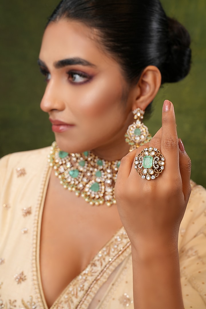 Gold Finish Kundan Polki & Mint Stone Handcrafted Ring by EKATHVA JAIPUR at Pernia's Pop Up Shop