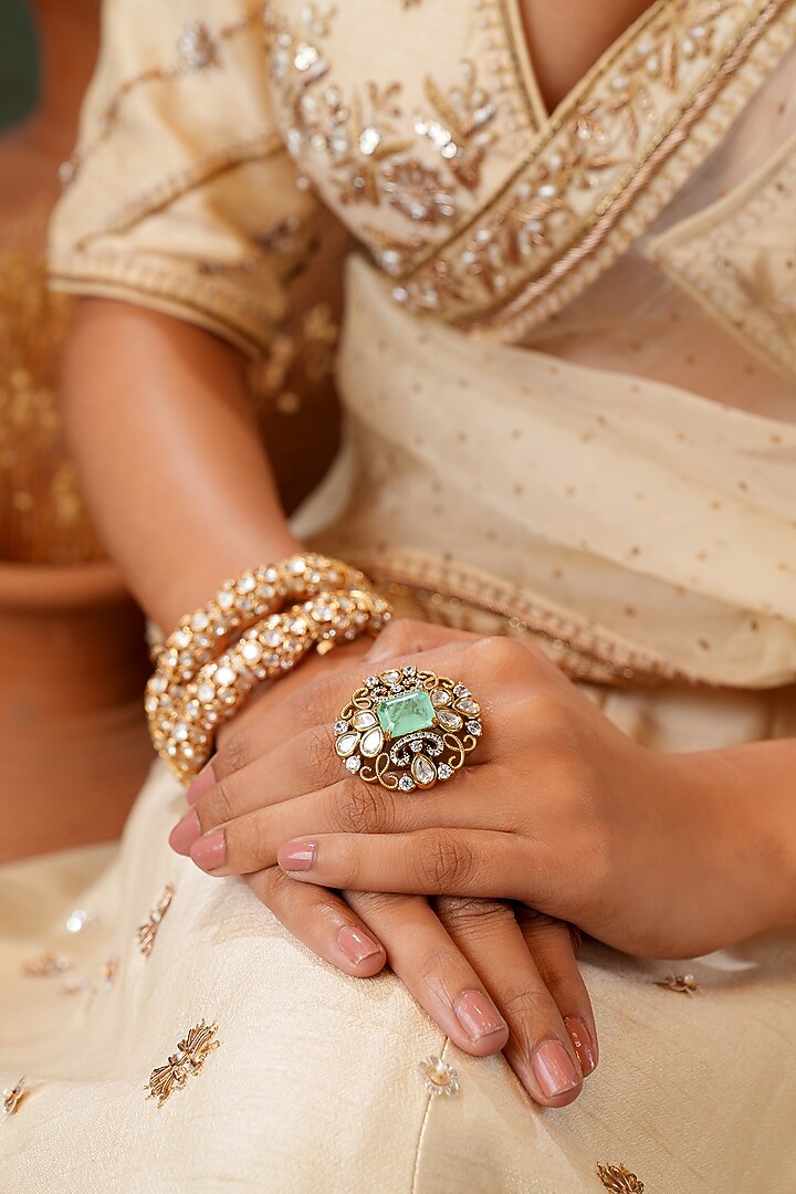 Gold Finish Kundan Polki & Mint Stone Handcrafted Ring by EKATHVA JAIPUR at Pernia's Pop Up Shop