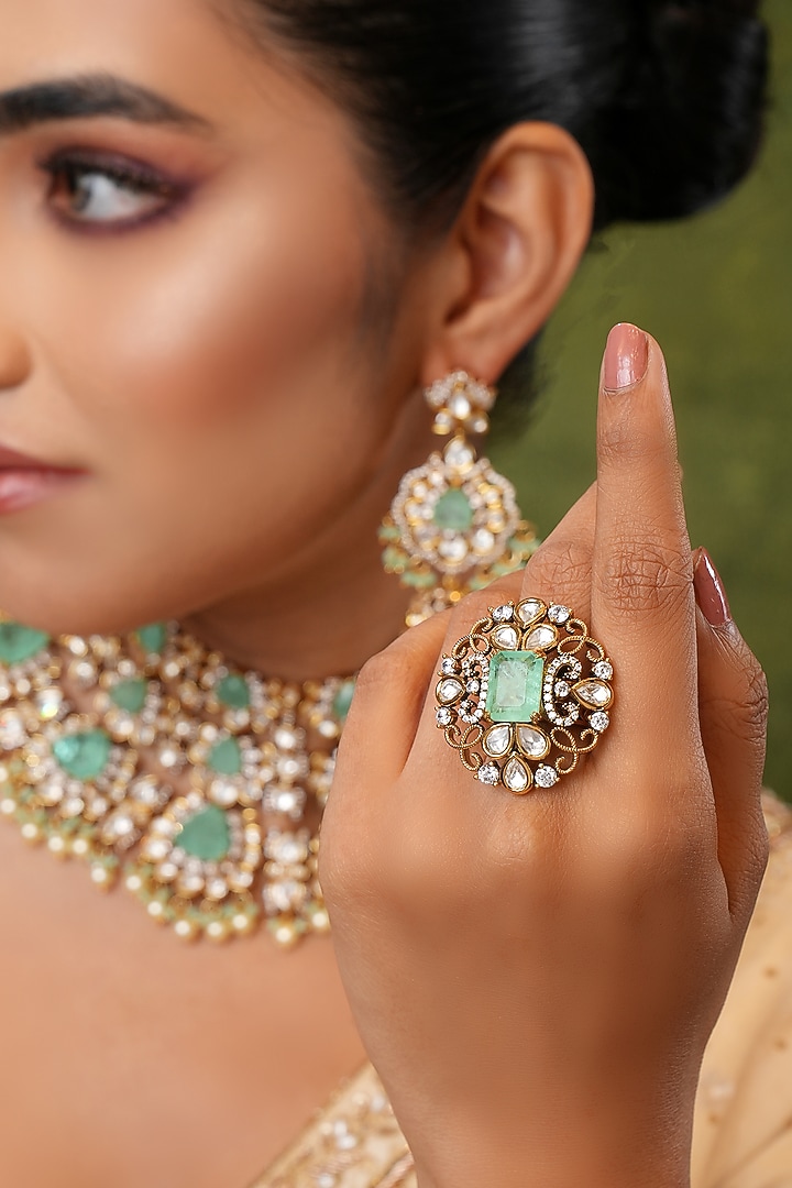 Gold Finish Kundan Polki & Mint Stone Handcrafted Ring by EKATHVA JAIPUR at Pernia's Pop Up Shop